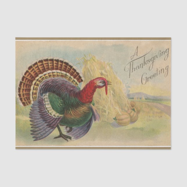 Vintage Thanksgiving Greetings Turkey Rustic Tissue Paper (Front)