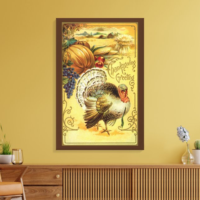 Vintage Thanksgiving Greetings with Turkey Canvas Print (Insitu(LivingRoom))