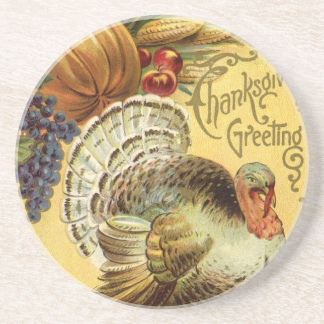 Vintage Thanksgiving Greetings with Turkey Coaster (Front)
