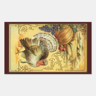 Vintage Thanksgiving Greetings with Turkey Rectangular Sticker