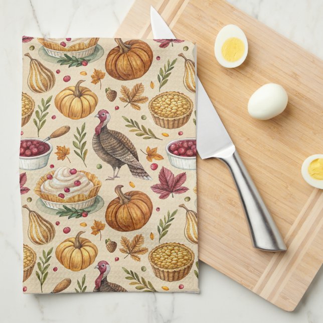 Vintage Thanksgiving Harvest Pattern | Rustic Fall Tea Towel (Quarter Fold)