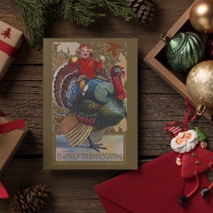 Vintage Thanksgiving Little Boy Riding Turkey Card