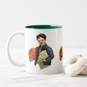 Vintage Thanksgiving Little Boy With Pumpkin Two-Tone Coffee Mug