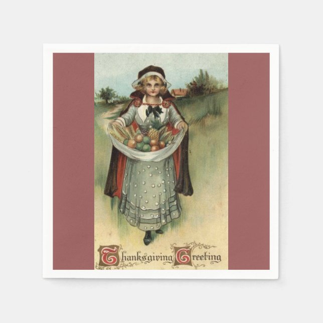 Vintage Thanksgiving Pilgrim Woman Paper Napkins (Front)