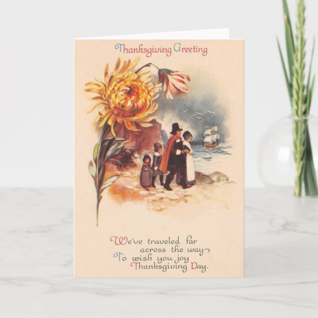 Vintage Thanksgiving Pilgrims Greeting Card (Front)