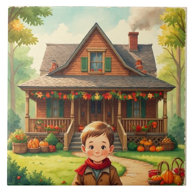 Vintage, Thanksgiving,The Boy with Autumn Blessing Tile (Front)