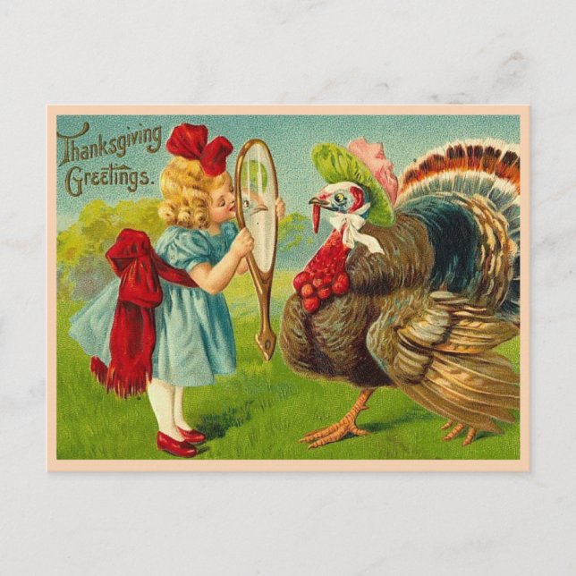 Vintage Thanksgiving Turkey and Girl Holiday Postcard (Front)