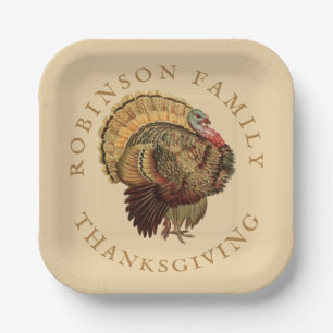 Vintage Thanksgiving Turkey Custom Family Name Paper Plate