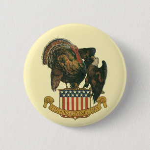 Vintage Thanksgiving Turkey, Eagle, American Flag 6 Cm Round Badge