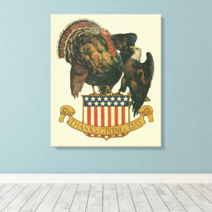 Vintage Thanksgiving Turkey, Eagle, American Flag Canvas Print