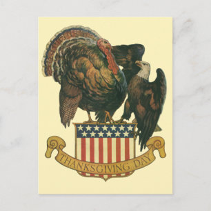 Vintage Thanksgiving Turkey, Eagle, American Flag Holiday Postcard