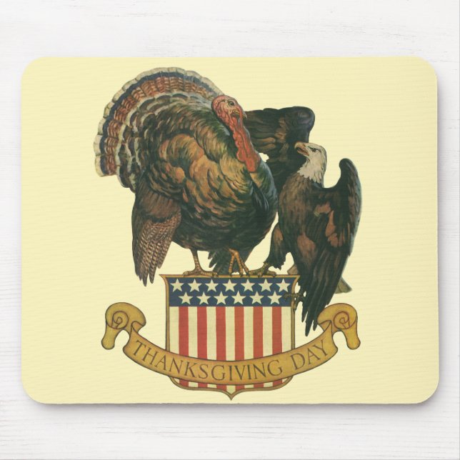 Vintage Thanksgiving Turkey, Eagle, American Flag Mouse Pad (Front)