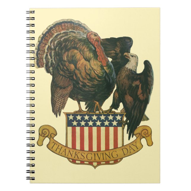 Vintage Thanksgiving Turkey, Eagle, American Flag Notebook (Front)