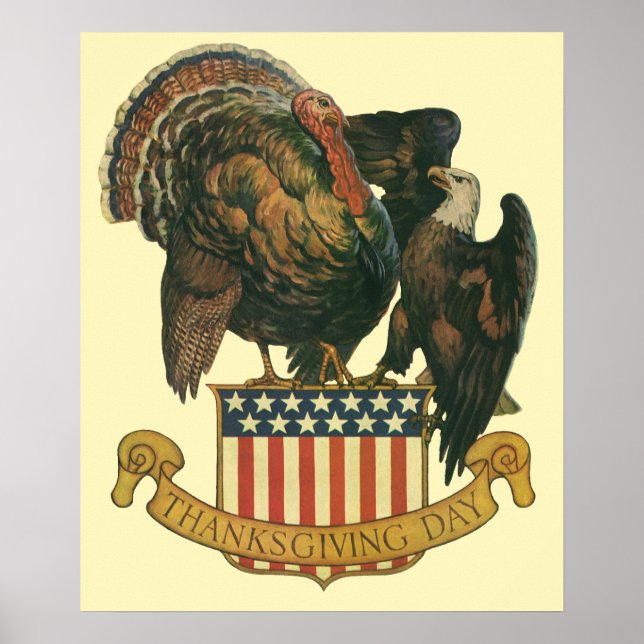 Vintage Thanksgiving Turkey, Eagle, American Flag Poster (Front)