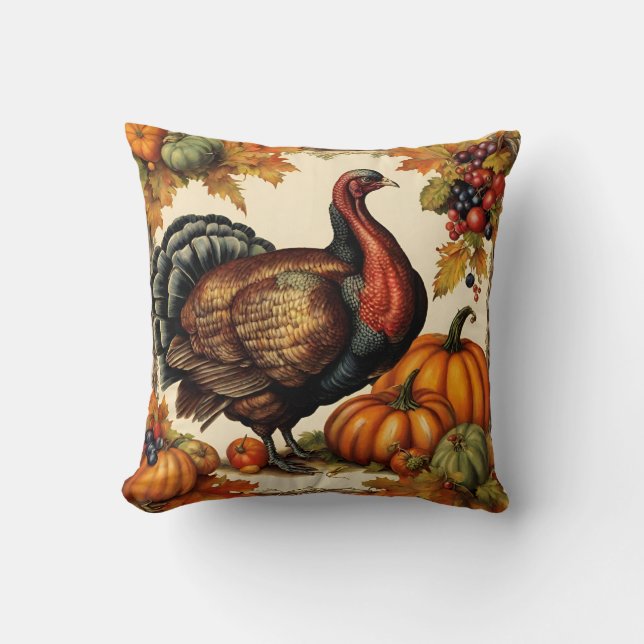 Vintage Thanksgiving Turkey, Fruit and Pumpkins  Cushion (Front)