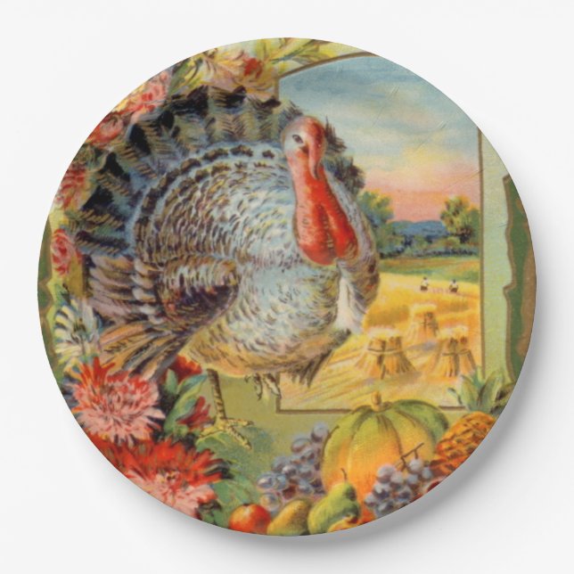 vintage Thanksgiving turkey Holiday Paper Plate (Front)