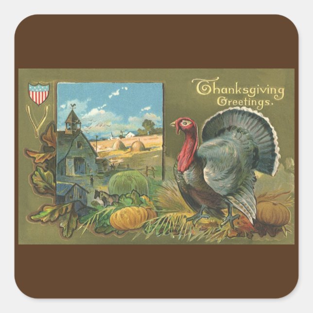 Vintage Thanksgiving, Turkey on the Farm Square Sticker (Front)