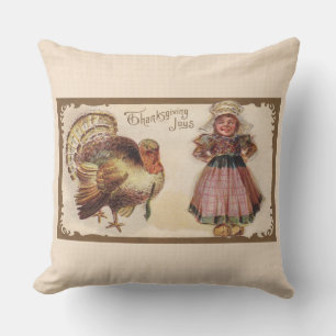 Vintage Thanksgiving, Turkey, Pilgrim Girl Cushion