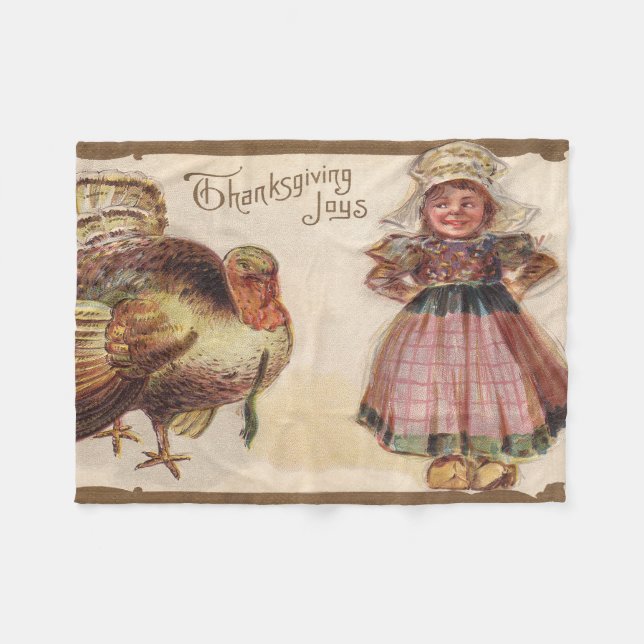 Vintage Thanksgiving, Turkey,Pilgrim Girl Fleece Blanket (Front (Horizontal))