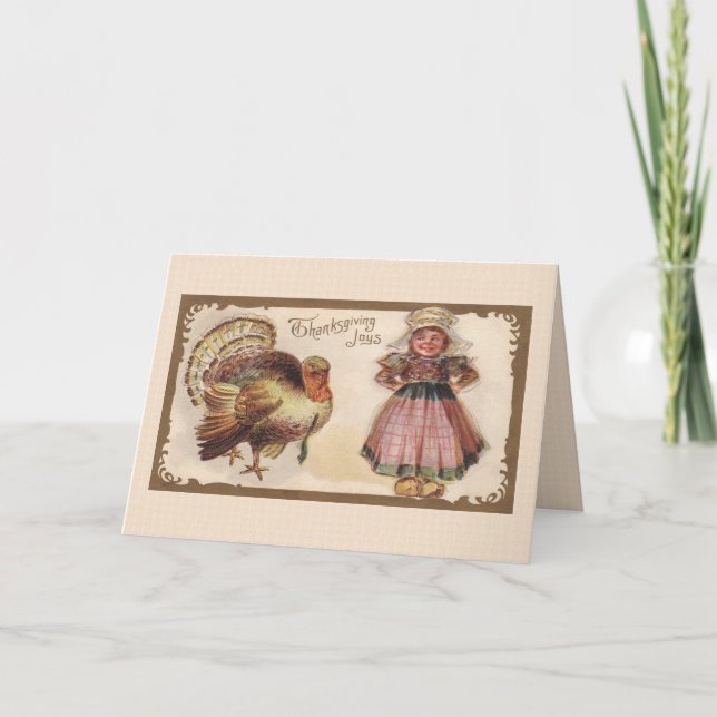 Vintage Thanksgiving, Turkey, Pilgrim Girl Holiday Card (Front)