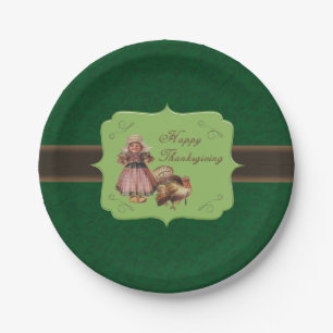 Vintage Thanksgiving, Turkey, Pilgrim Girl Paper Plate