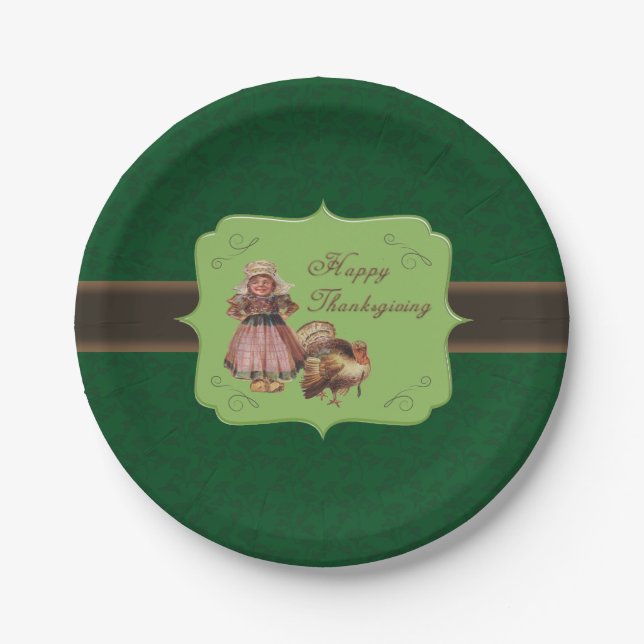 Vintage Thanksgiving, Turkey, Pilgrim Girl Paper Plate (Front)