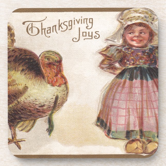 Vintage Thanksgiving, Turkey with Pilgrim girl Coaster (Front)
