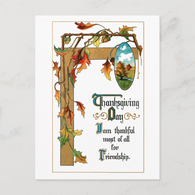 Vintage Thanksgiving Verse and Fall Foliage Holiday Postcard (Front)