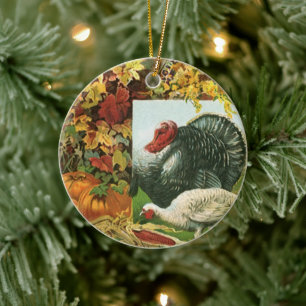 Vintage Thanksgiving, Wild Turkeys Autumn Colours Ceramic Tree Decoration