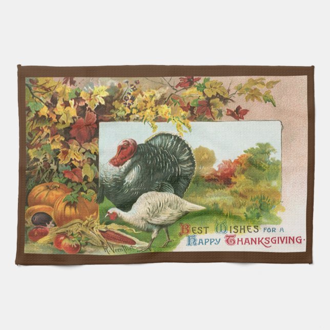 Vintage Thanksgiving, Wild Turkeys Autumn Colours Tea Towel (Horizontal)