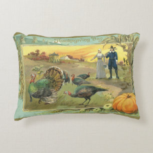 Vintage Thanksgiving with Turkeys and Pilgrims Decorative Cushion