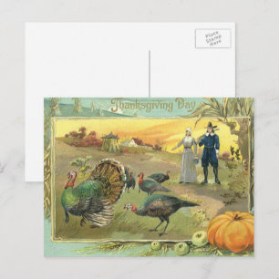 Vintage Thanksgiving with Turkeys and Pilgrims Holiday Postcard
