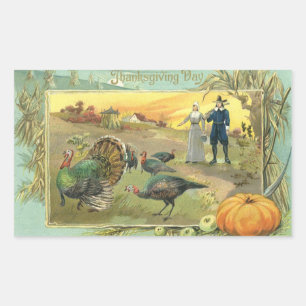 Vintage Thanksgiving with Turkeys and Pilgrims Rectangular Sticker