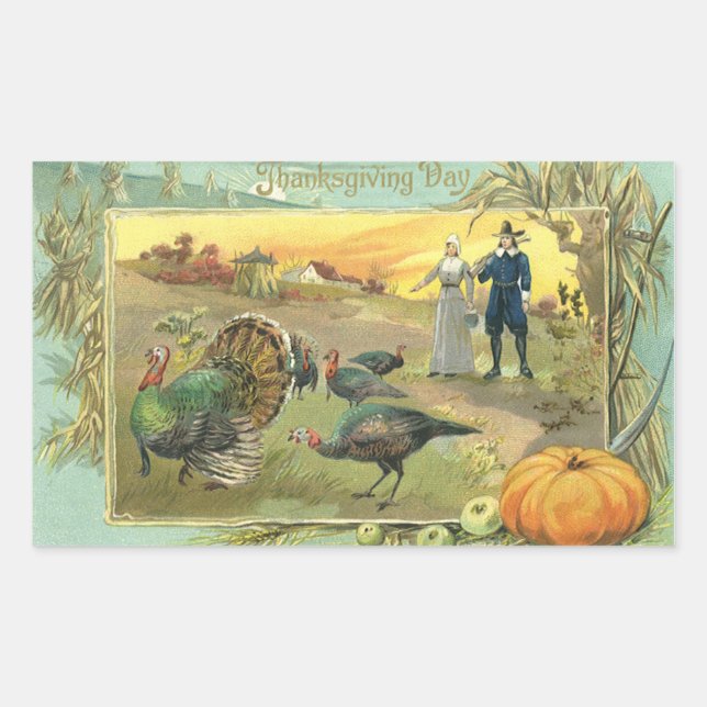 Vintage Thanksgiving with Turkeys and Pilgrims Rectangular Sticker (Front)