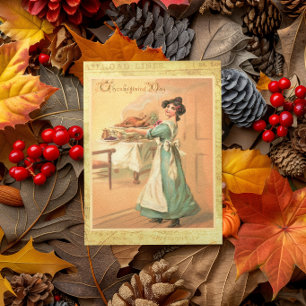 Vintage Thanksgiving Woman Carrying Turkey Card