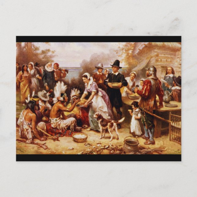 Vintage The First Thanksgiving Painting Postcard (Front)