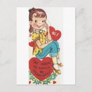 Vintage Thinking Girl Valentine Holiday Postcard