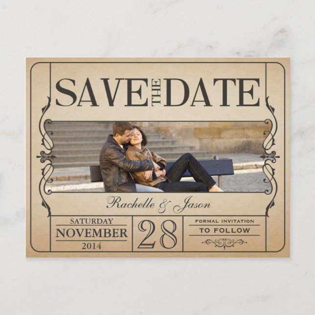 Vintage Ticket Save the Date Announcement Postcard (Front)