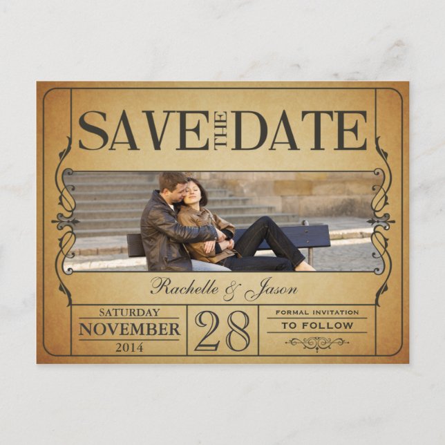 Vintage Ticket Save the Date Announcement Postcard (Front)