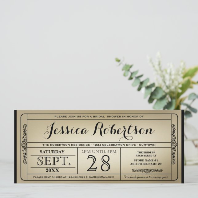 Vintage Ticket Style Bridal Shower Invitations (Standing Front)