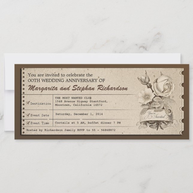 vintage ticket wedding anniversary invitations (Front)