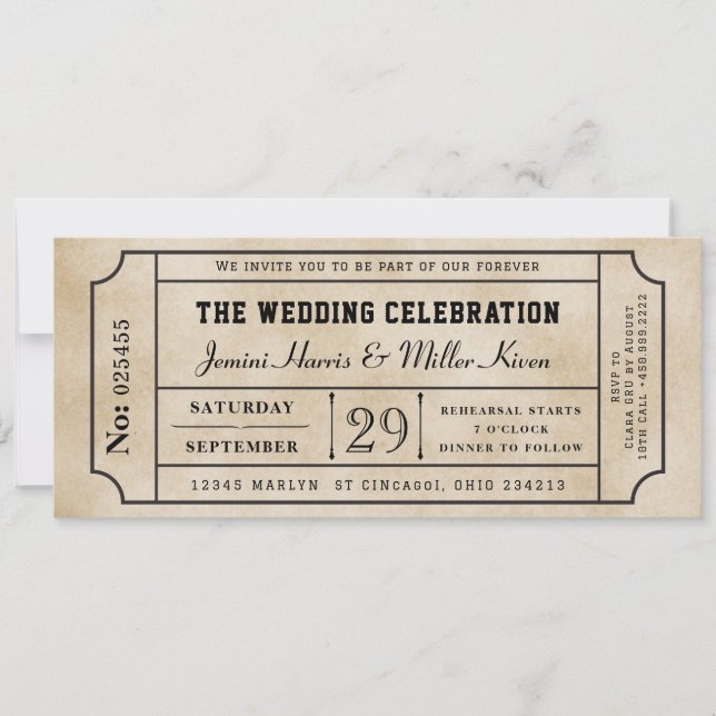 Vintage Ticket Wedding Invitation (Front)
