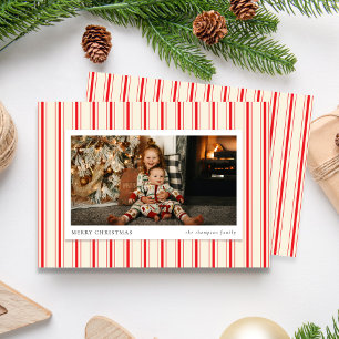 Vintage Ticking Stripe Red Merry Christmas Photo Holiday Card