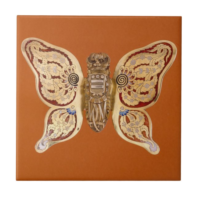 Vintage Tiffany Gold Butterfly Victorian Art Tile (Front)