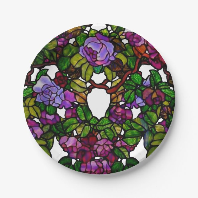 Vintage Tiffany Stained Glass,  Purple Roses Paper Plate (Front)