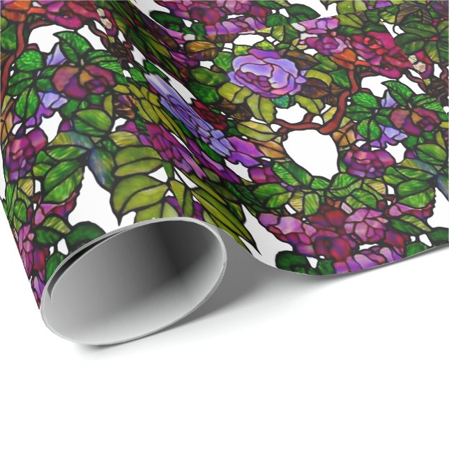 Vintage Tiffany Stained Glass Purple Roses Wrapping Paper (Roll Corner)