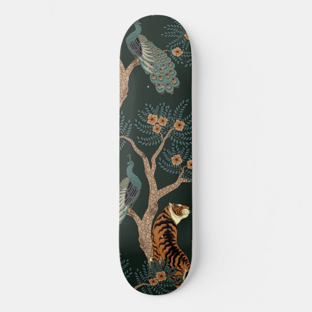 Vintage tiger and peacock skateboard (Front)