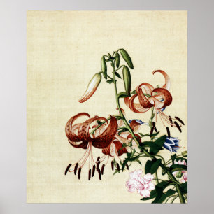 Vintage Tiger Lily and Peony Chinoiserie Art Poster