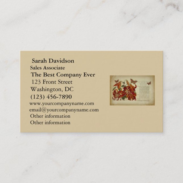 Vintage Tiger Lily Botanical Illustration Business Card (Front)