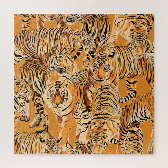 Vintage Tiger Safari Wildlife Pattern Jigsaw Puzzle (Vertical)